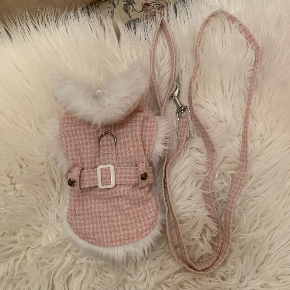 Pink Houndstooth Fur-Trimmed Dog Harness Coat